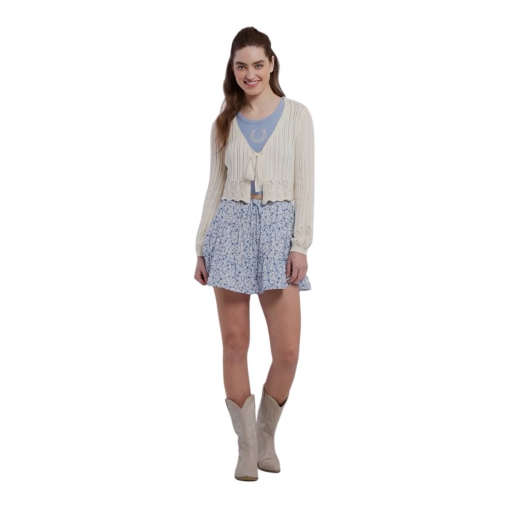 ORIGINALITY Blue Floral Asymmetrical Ruffles Lined Mini Skirt LARGE White/Blue